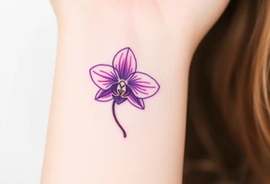 A tiny purple orchid outline, placed delicately behind the ear for a subtle yet elegant touch tattoo idea