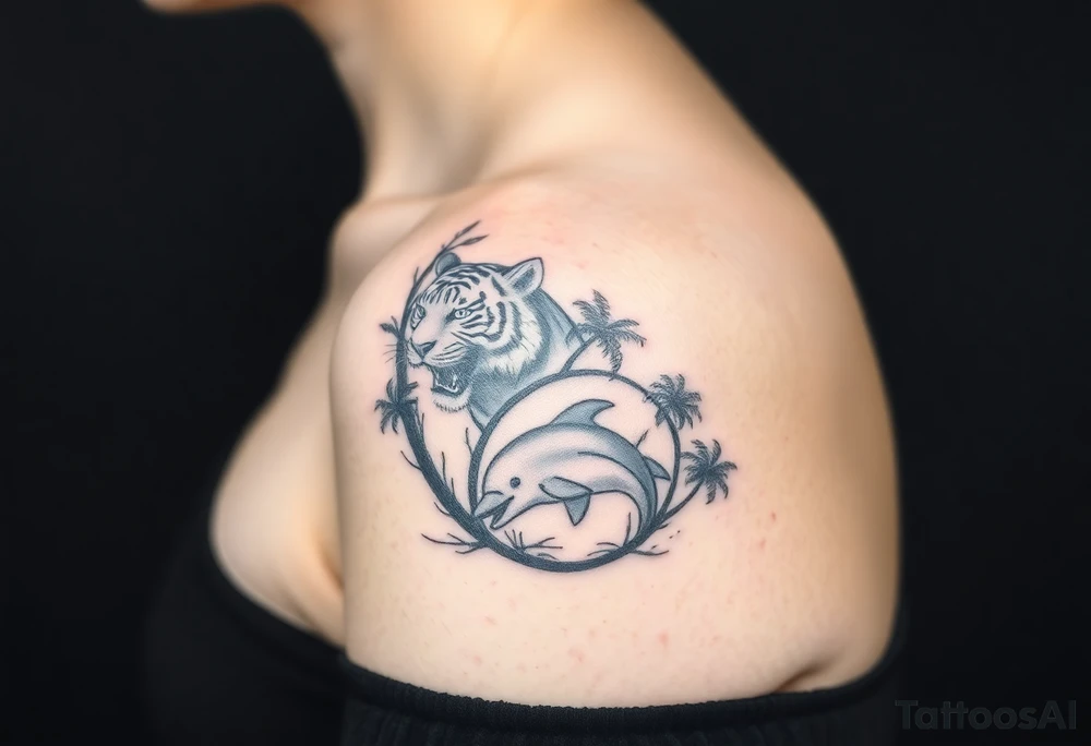 fierce tiger emerging through the trees with a jumping dolphin and palm trees underneath it tattoo idea