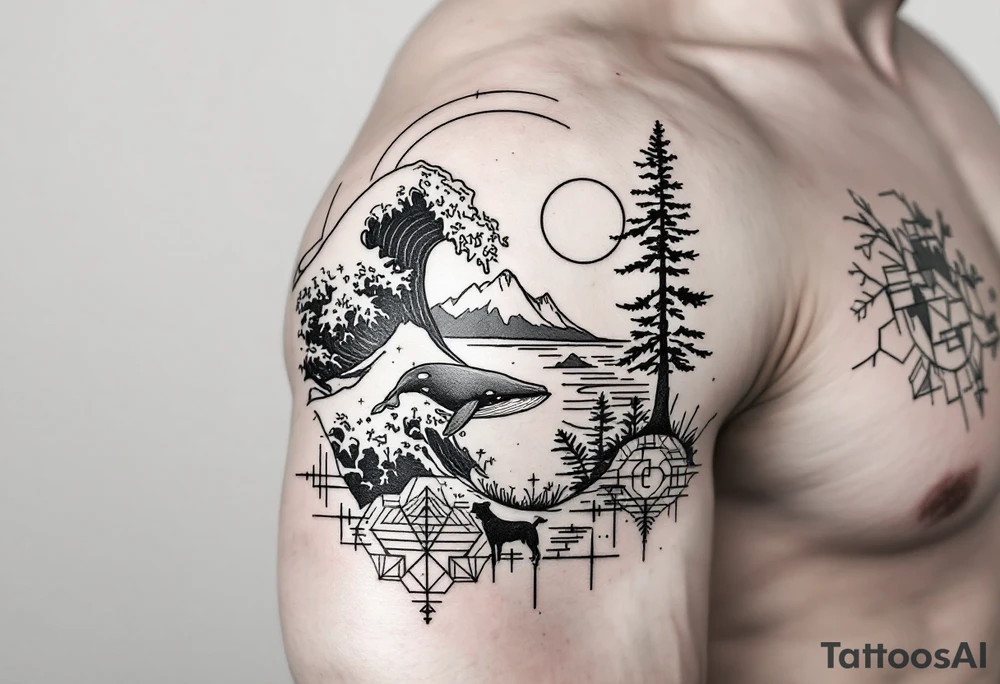 Fine line powerful ocean half sleeve with a wave, a whale, a Joshua tree, and a dog as separate elements connected by geometric patterns tattoo idea Fine line powerful ocean half sleeve with a wave, a whale, a Joshua tree, and a dog as separate elements connected by geometric patterns tattoo idea