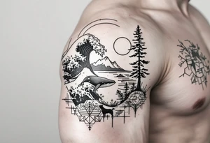 Fine line powerful ocean half sleeve with a wave, a whale, a Joshua tree, and a dog as separate elements connected by geometric patterns tattoo idea
