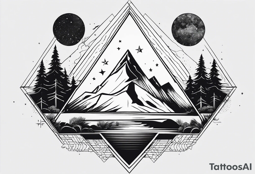 simple thick line art of space and nature in triangle shape and negative space tattoo idea