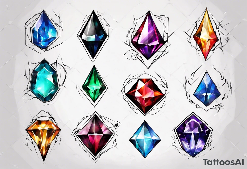 7 chaos emeralds in different colors with a slight sonic theme to it tattoo idea