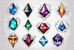 7 chaos emeralds in different colors with a slight sonic theme to it tattoo idea