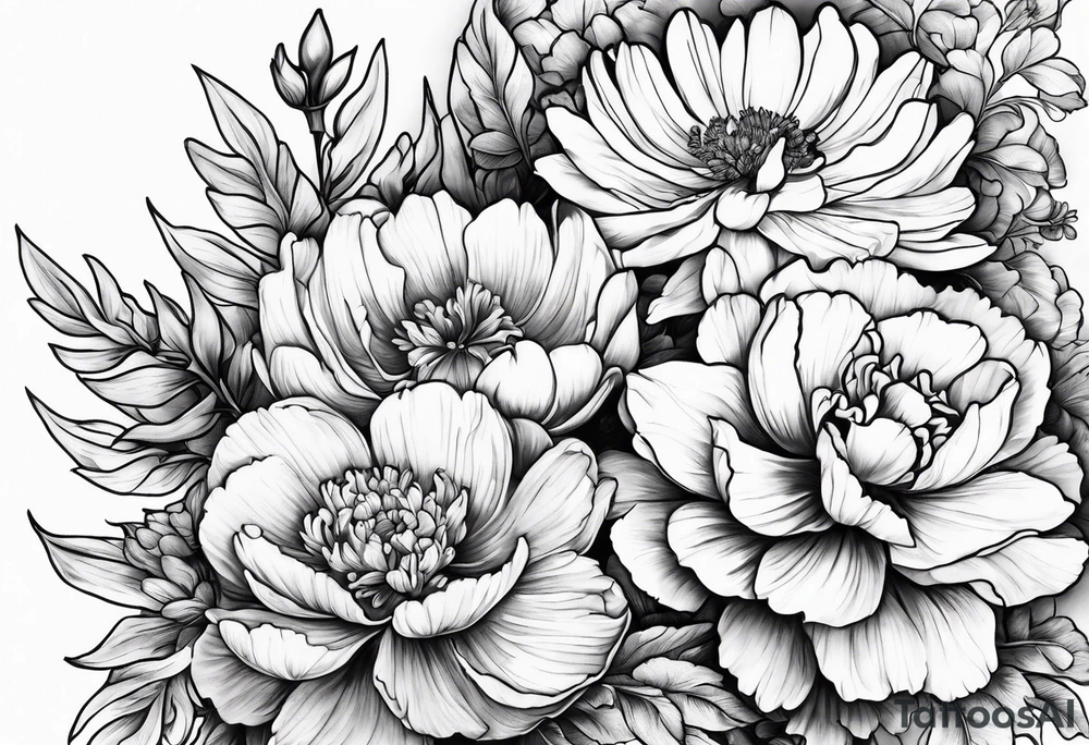 marigold, peony, and narcissus side by side tattoo idea