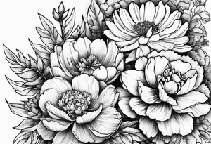 marigold, peony, and narcissus side by side tattoo idea