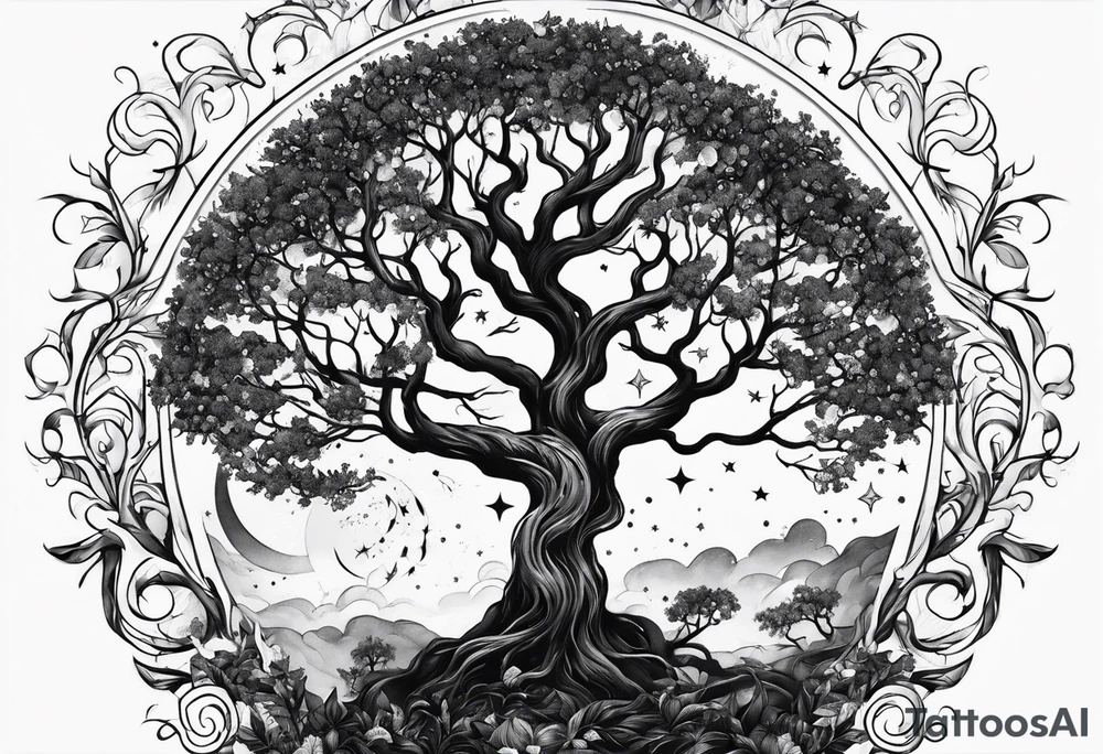 poison tree with no leaves and stars tattoo idea