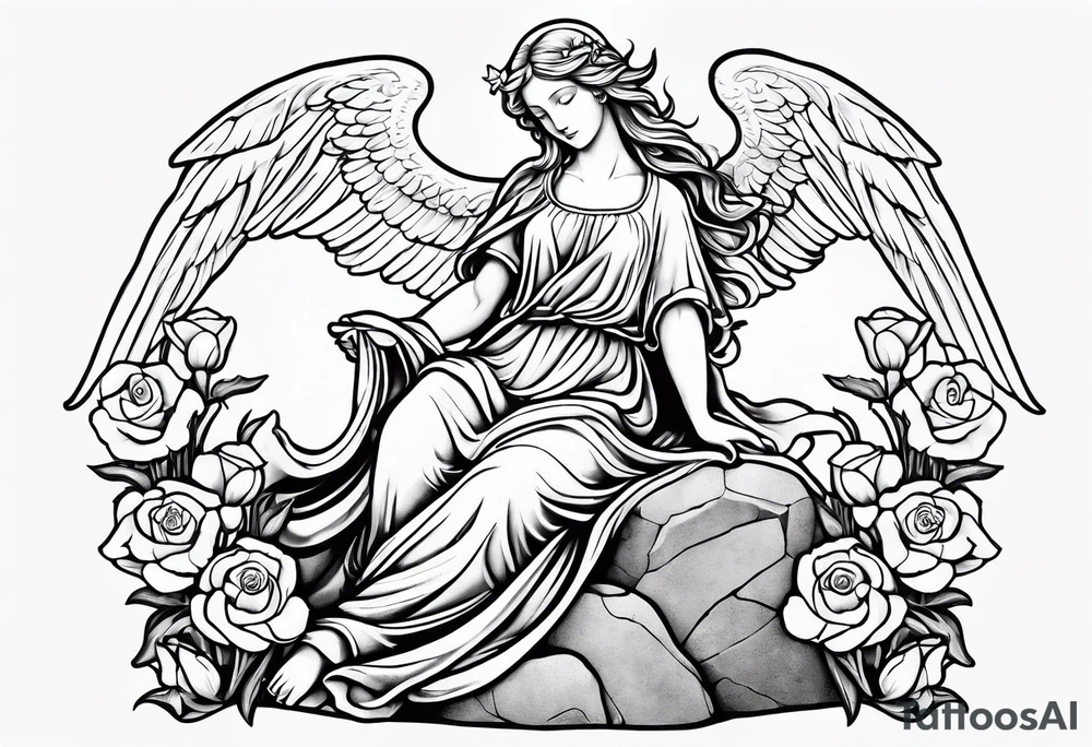 Simple Angel statue stood on a rock with daffodils and roses wrapped around its legs tattoo idea