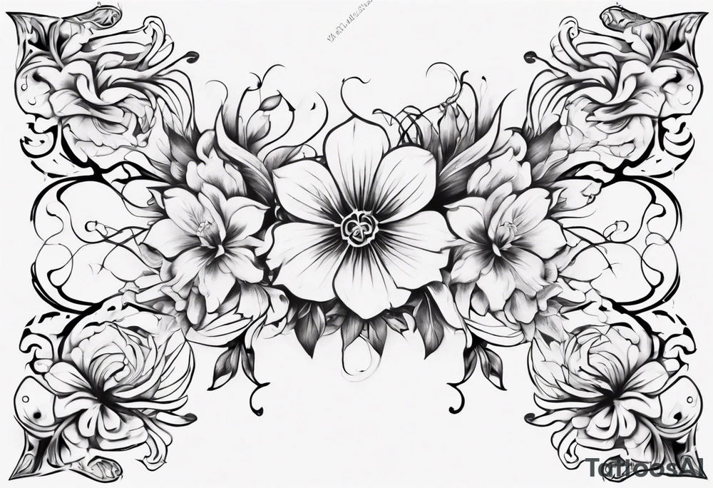Black and white floral and ornamental style tattoo which will wrap around ankle horizontally which is larger in the centre tattoo idea