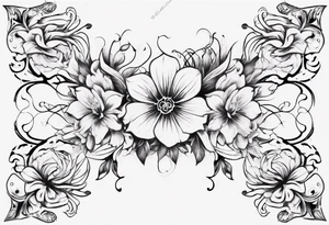 Black and white floral and ornamental style tattoo which will wrap around ankle horizontally which is larger in the centre tattoo idea