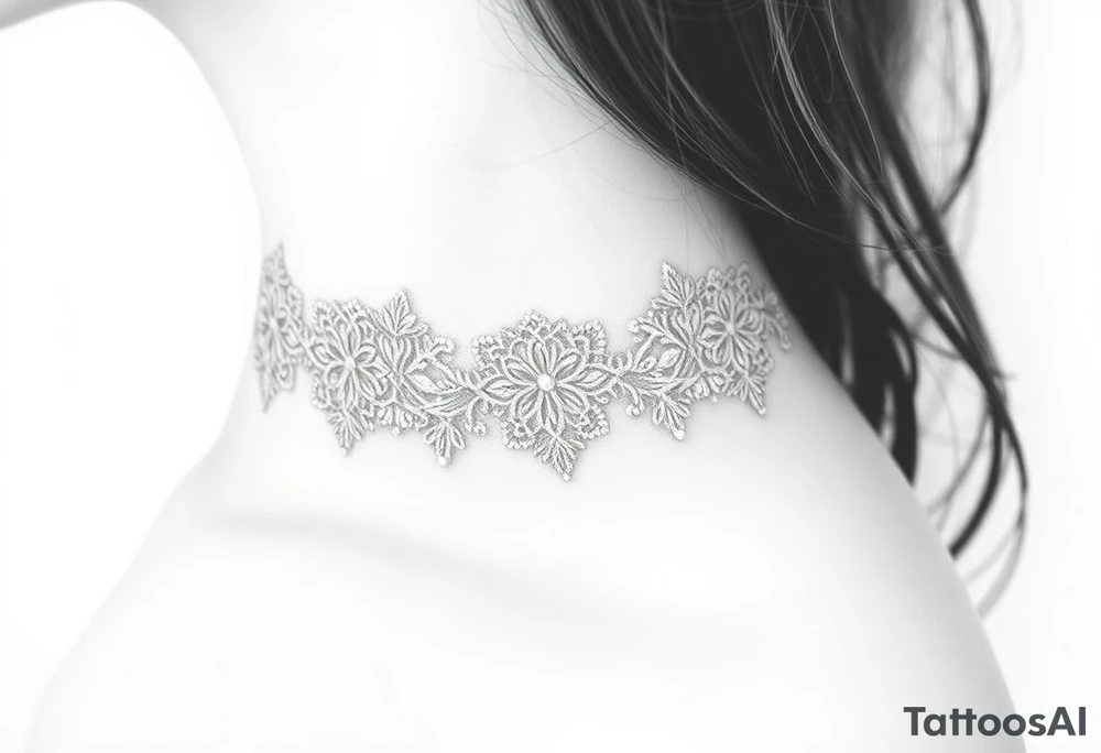 A white lace choker tattoo, with soft shading to create a realistic fabric texture and tiny pearl accents tattoo idea