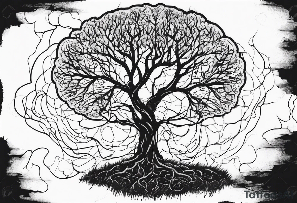 a barron tree struck by lightning, the branches resemble a brain and its spark of life. the ground below the tree is cracked symbolizing the broken connection between creator and creation tattoo idea