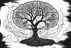 a barron tree struck by lightning, the branches resemble a brain and its spark of life. the ground below the tree is cracked symbolizing the broken connection between creator and creation tattoo idea