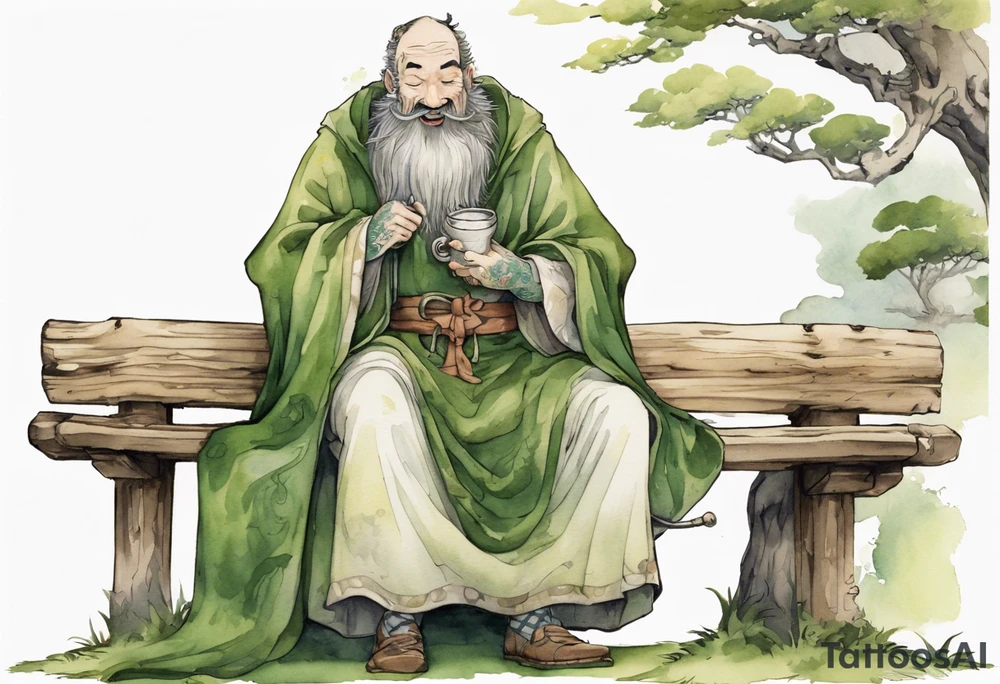 kinopio with a long moss beard wearing a medieval tunic drinking from a wood cup, sitting on a bench laughing tattoo idea