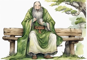 kinopio with a long moss beard wearing a medieval tunic drinking from a wood cup, sitting on a bench laughing tattoo idea