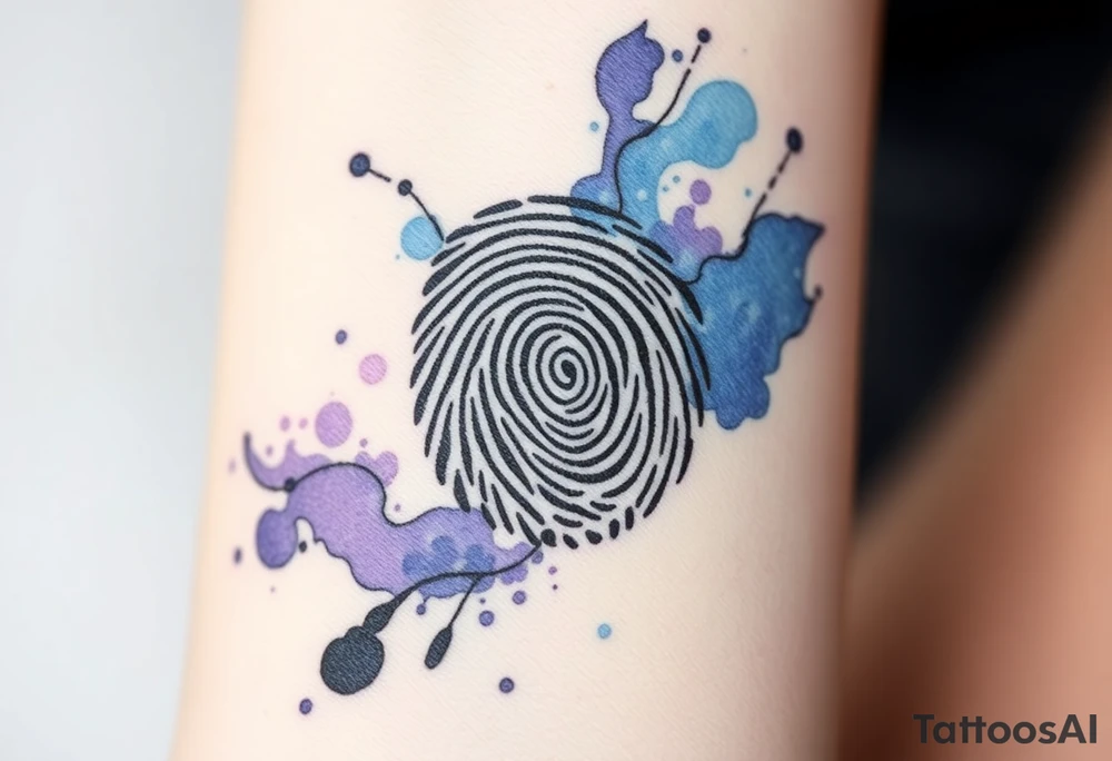A fingerprint dissolving into soft watercolor splashes in blue and lavender, symbolizing fluidity and emotional depth tattoo idea