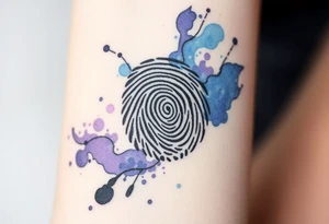 A fingerprint dissolving into soft watercolor splashes in blue and lavender, symbolizing fluidity and emotional depth tattoo idea