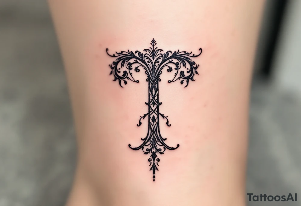 A delicate lace-like "T" in faded charcoal with a vintage feel. tattoo idea