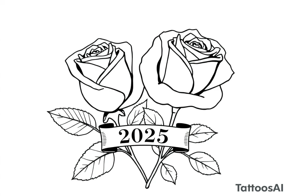 two beautiful large rose buds, one larger than the other, with many leaves next to the rose buds, with one sitting slightly higher than the other, side-by-side.  Include a banner connecting the two roses with the year 2025 on it.   Use dark outlines with little shading. No stems tattoo idea