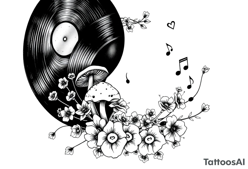vinyl record with mushrooms, flowers, hearts, and music notes tattoo idea