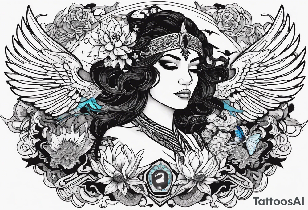 black kali, goddess pirate, alien, angel, pachamama, valkrye, warrior, flying, skull, lotus azul, wing, eagle, zenza resonance, stars, 5D, anahata chakra, death, durga, riding on a tiger, flying lady, chest tatoo tattoo idea