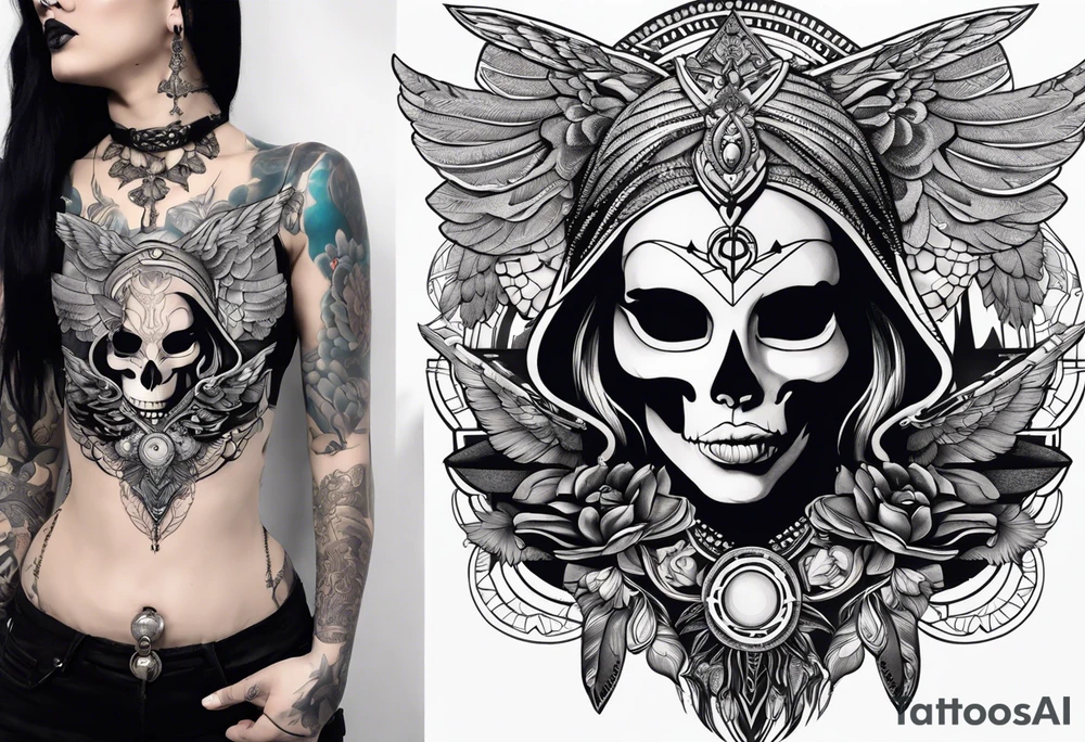 kali ma, alien goddess, valkrye, aries, pirate, divine feminine, zenza resonance, pachamama, lotus azul, blank panther, eagle, skull, 5D, nueva gaya, dna 12, left side chest tatoo tattoo idea