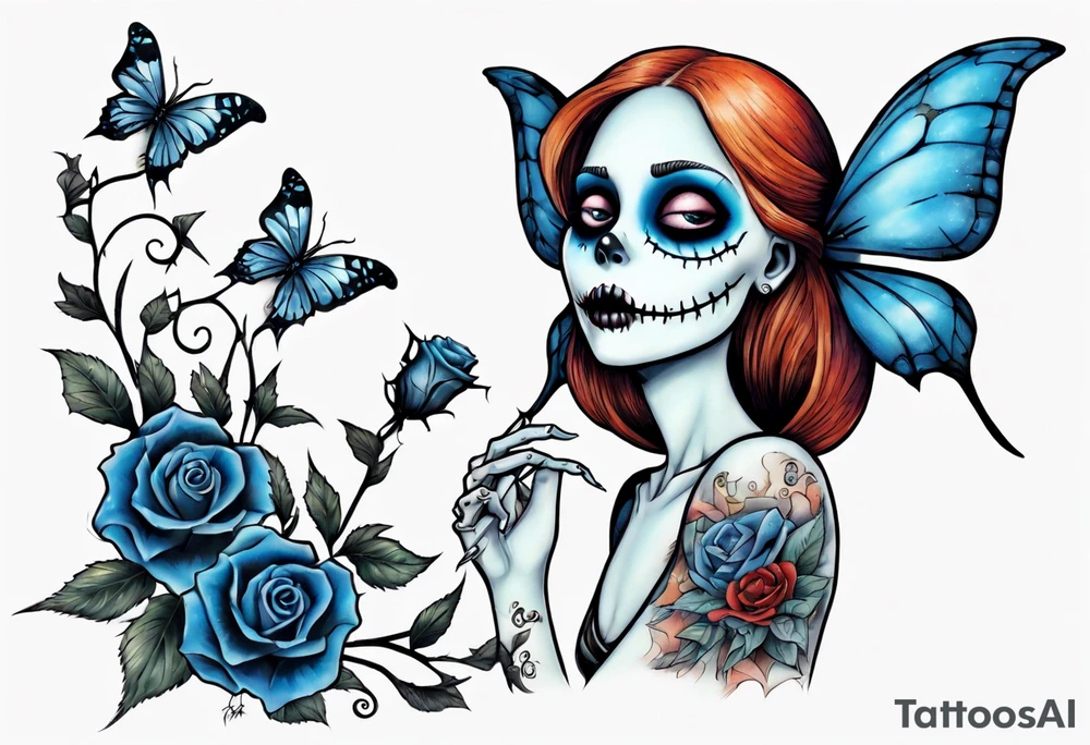 Nightmare before Christmas Sallyholding a flower. With a blue butterfly flying around her. tattoo idea