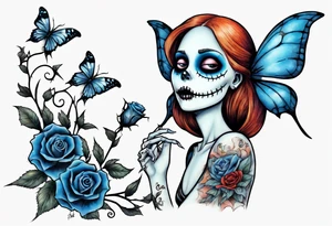 Nightmare before Christmas Sallyholding a flower. With a blue butterfly flying around her. tattoo idea