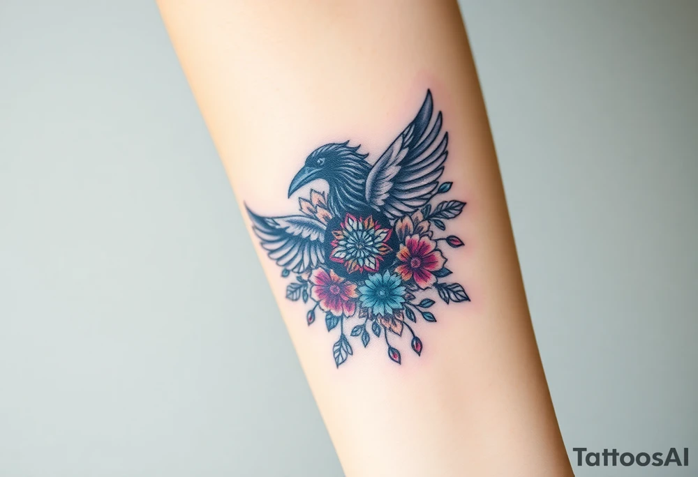 raven mandala and flowers tattoo idea