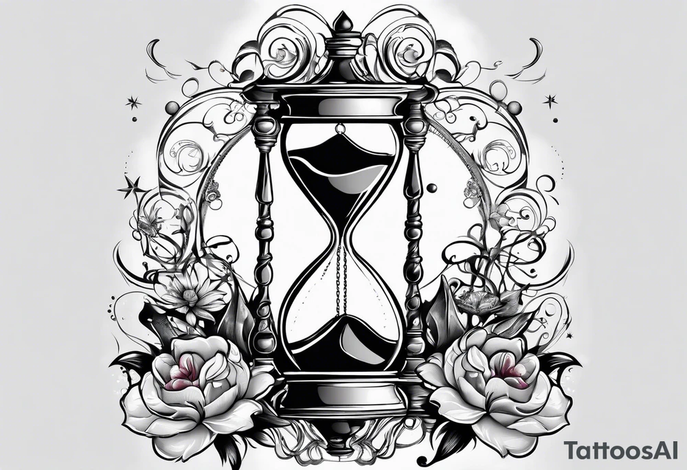 Mix an hourglass with a nautical clock with the addition of planets, galaxies and flower spikes to give a design to print on a t-shirt, the design should be in one color in the form of a tattoo and all the shapes should be mixed to give one shape tattoo idea