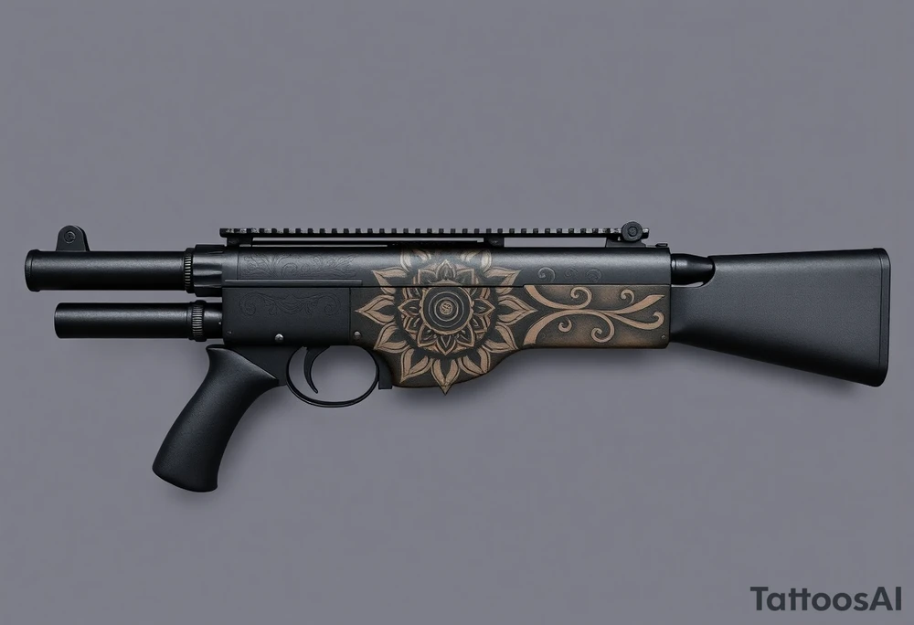 "Minimalist black tattoo of a Maxim M1910 machine gun (side view) where:  
1. Barrel transforms into a Tibetan mandala (геометрический узор, 8 спиц)  
2. Cooling jacket (водяная рубашка) стилизована под буддийские колеса сансары  
3. Прицел — крошечное зеркальце (1-2 мм), встроенное в кожу  
4. Лента патронов становится буддийской молитвенной лентой с микротекстом «Ом мани падме хум»  

Стиль:  
- Чистая линия (1 мм толщиной) + точечная штриховка для объема  
- Без теней, только черные чернила  
- Размер: 10 см в длину (вдоль предплечья)  

Философская отсылка:  
«Оружие как инструмент просветления» (из «Чапаева и Пустоты»)" tattoo idea
