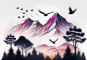 A mountain scape with trees. 5 silhouettes of birds. tattoo idea