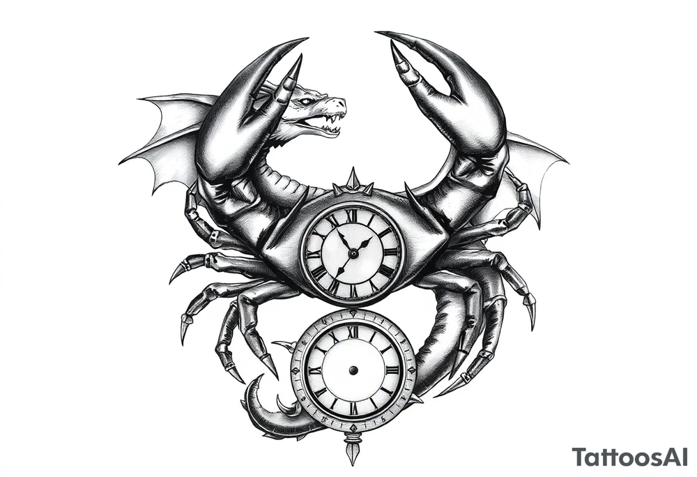 Dark cancer zodiac sign tattoo with dragon and clock on background tattoo idea