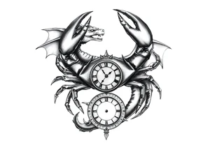 Dark cancer zodiac sign tattoo with dragon and clock on background tattoo idea