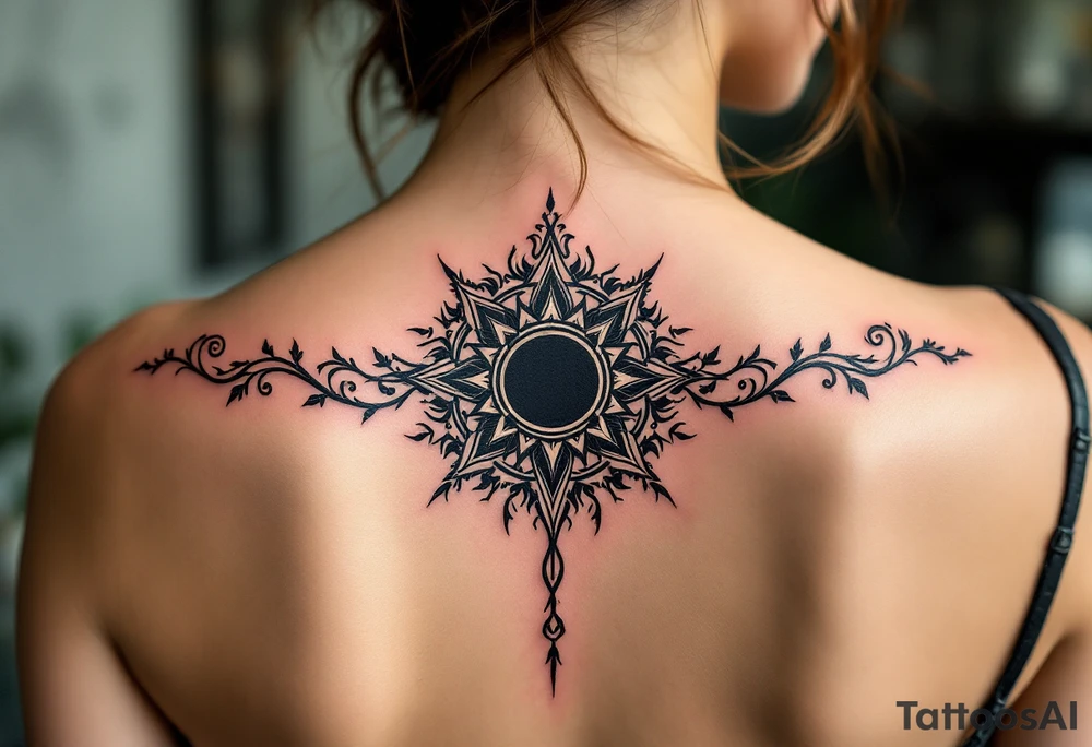 Wrapped in burgundy vines, the black Celtic sun at the center pulses with mystic charm. tattoo idea