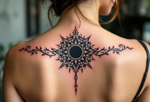 Wrapped in burgundy vines, the black Celtic sun at the center pulses with mystic charm. tattoo idea