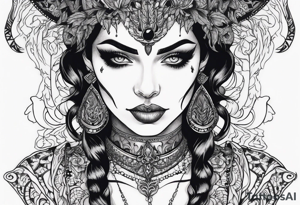 Detailed portrait of a demonic woman tattoo idea