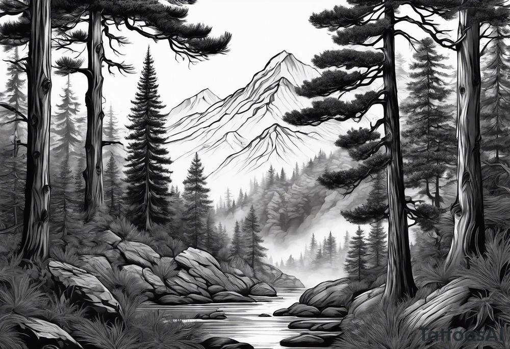 Full back tattoo ancient pine tree Forrest tattoo idea