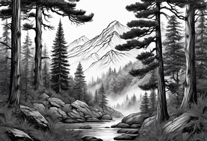 Full back tattoo ancient pine tree Forrest tattoo idea