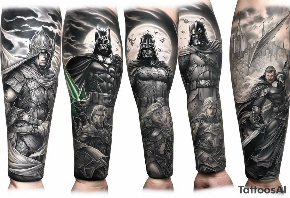 Full arm sleeve tattoo extending from shoulder to wrist featuring the battle of Helms Deep with character such as Anakin Skywalker, Obi Wan Kenobi, Darth Vader, Superman, Batman, Green Lantern, Dark Magician and Blue-Eyes White Dragon from Yu-Gi-Oh!, and Captain America added in to a panned out scenic battle tattoo idea