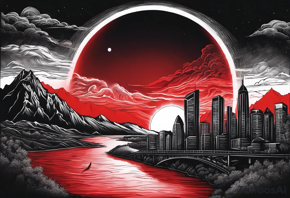 black solar eclipse with red light shining behind it, dark fantasy landscape/city tattoo idea