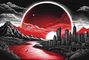 black solar eclipse with red light shining behind it, dark fantasy landscape/city tattoo idea