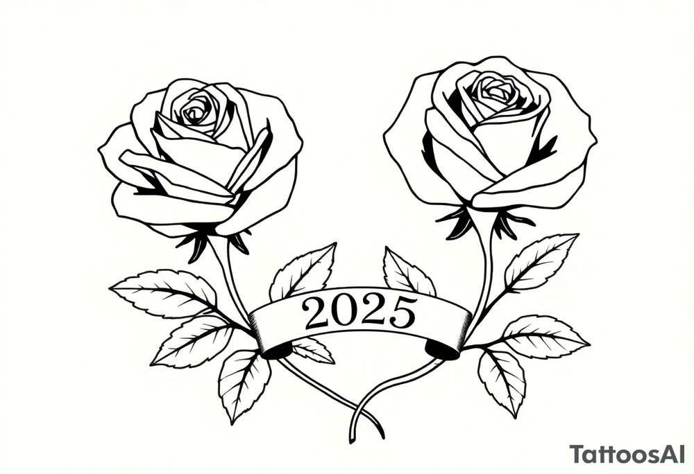 two beautiful large rose buds, one larger than the other, with many leaves next to the rose buds, with one sitting higher than the other. Include a banner connecting the two roses with the year "2025" on it.   Use dark outlines with little shading. The two stems should be short, not long, and connect and join into one stem, whimsically curved or twisted - not straight down. tattoo idea