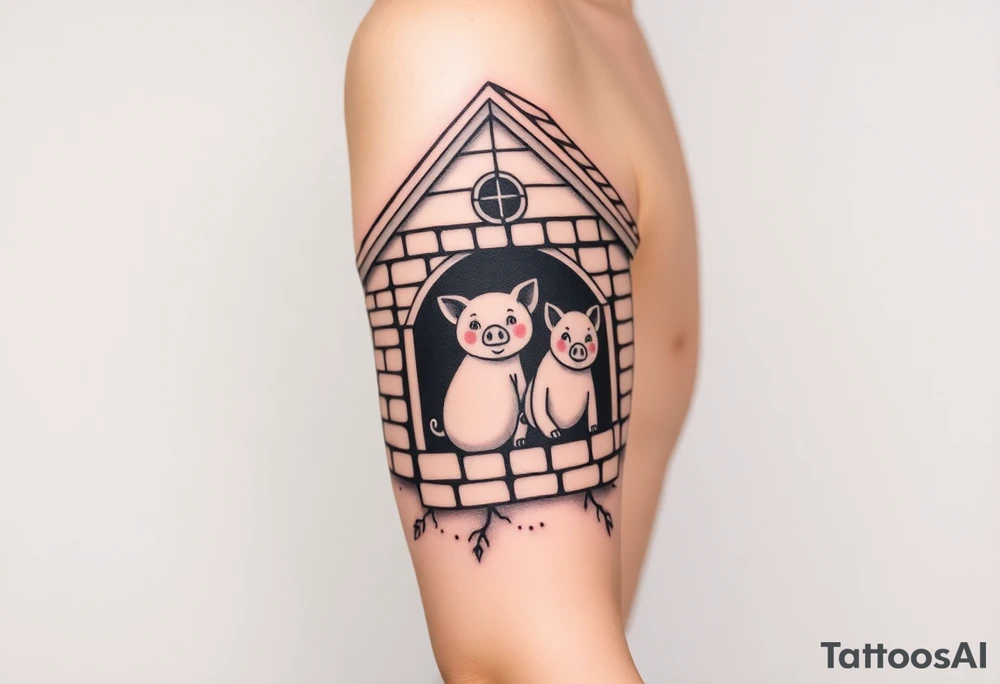 Three little pigs nursery rhyme hiding in a brick house from the big bad wolf tattoo idea