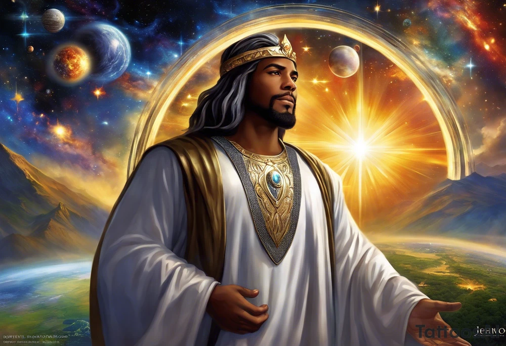 Jehovah looking out at the marvels of his creation from the atoms to the galaxy and celestial beings. With grey wash and a fantasy theme. Jehovah has to be a character who is so majestic, charismatic, immensely powerful. There isnt a single thing he isnt capable of doing. Infinitely powerful forward facing. Without the pagan styled attire and without the pagan symbols etcryera tattoo idea
