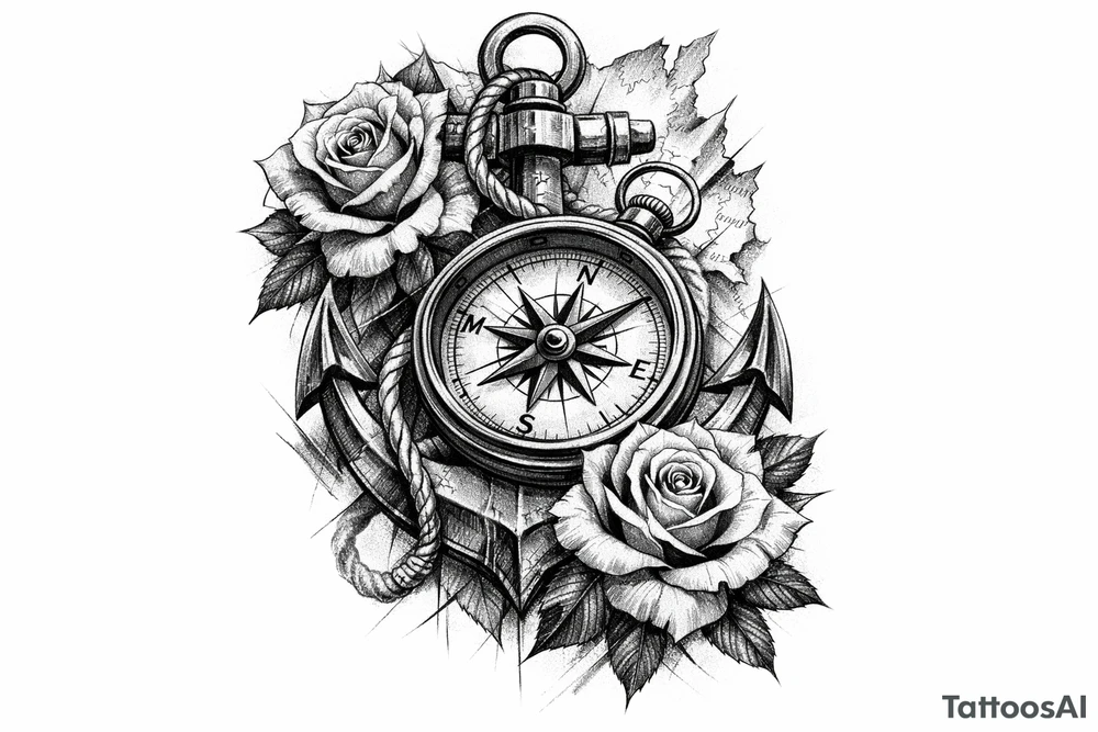 a compass,anchor,roses. tattoo idea