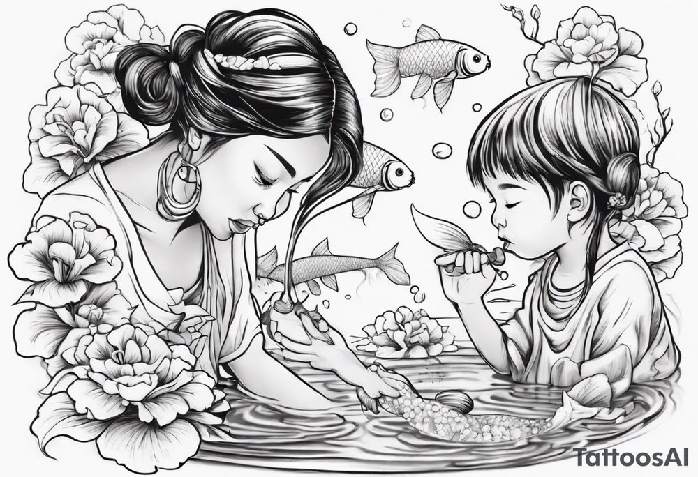 ethnic 
woman and two little boy, watering sweet pea flowers cascading down, surrounding a pond with 2 koi fish swimming tattoo idea