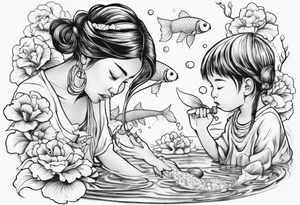 ethnic 
woman and two little boy, watering sweet pea flowers cascading down, surrounding a pond with 2 koi fish swimming tattoo idea