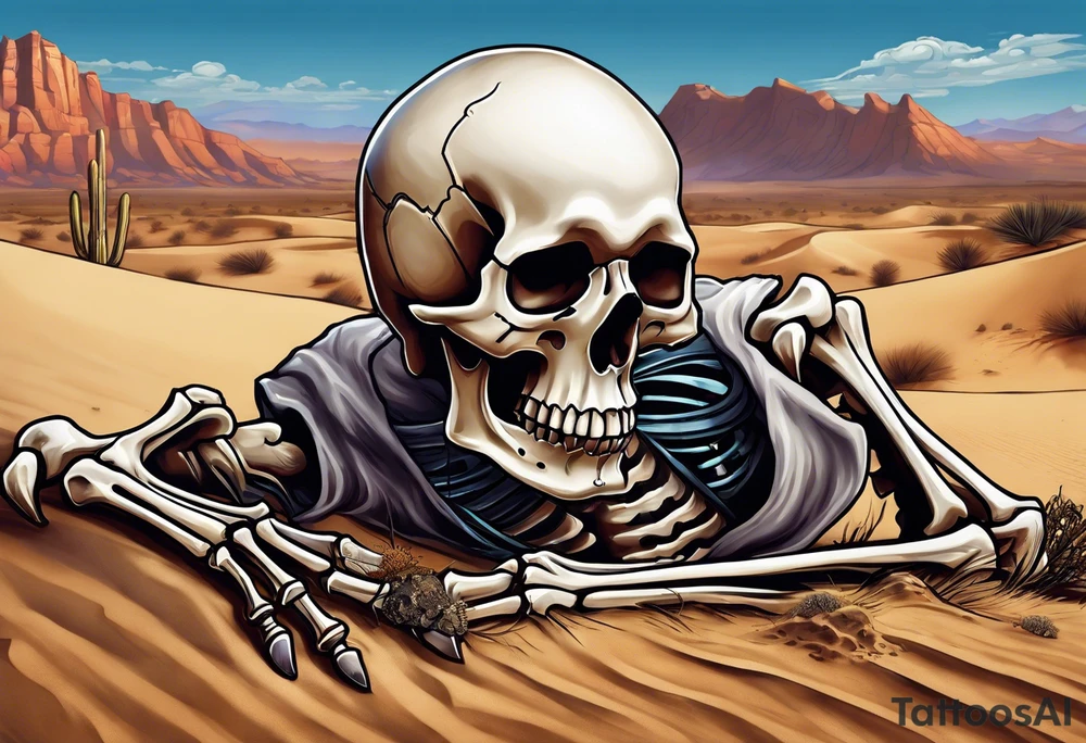 skeleton crawling towards a cross in a desert tattoo idea