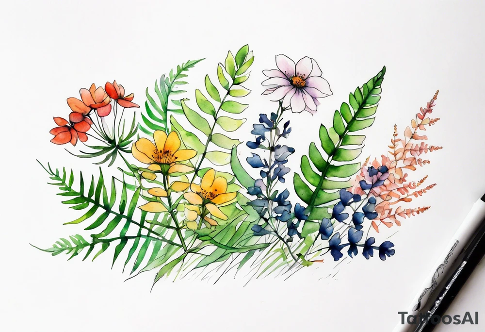 wild flowers with ferns all watercolor tattoo idea