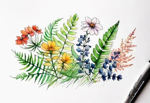 wild flowers with ferns all watercolor tattoo idea
